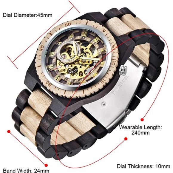 Men's Wooden Watch Skeleton Automatic Movement Wood Watch Self-Winding Watches - Picture 4 of 7